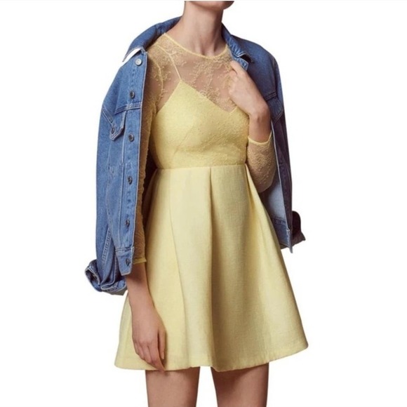 Sandro Paris Jeanette Yellow Floral Lace Fit & Flare Dress 34 XS NEW Pleated - Picture 3 of 13